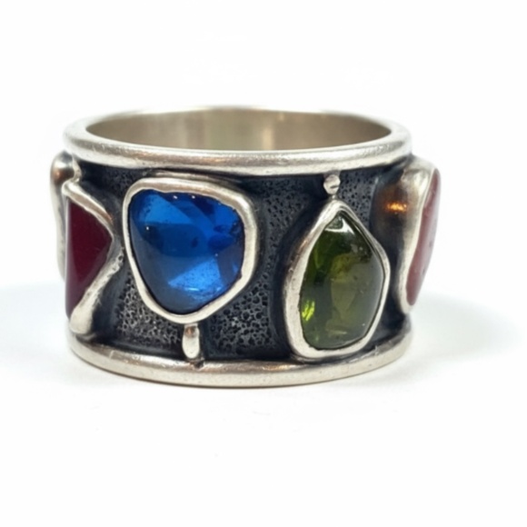 Modernist H. Fred Skaggs MCM Sterling Silver Signed Ring Multi Tourmaline Size 7 - Picture 1 of 15